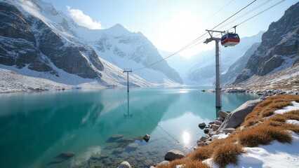 Tranquil Snow Mountain Lake Cable Car Scenery