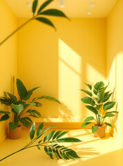 A bright yellow interior with lush green plants bathed in sunlight, offering a minimalist design feel.