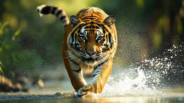 A mesmerizing tiger leaps gracefully through clear waters, framed by a lush, softly focused forest. This image embodies the exhilarating spirit of wildlife and nature&rsquo;s breathtaking beauty.