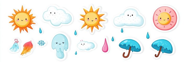 Cute weather-themed sticker illustrations featuring sun, clouds, rain, and snowflakes on a white background for cheerful decoration