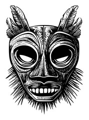Engraving of a Traditional Mask Featuring Distinct Facial Features