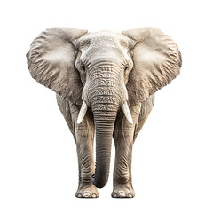 High-resolution image of a gray elephant facing forward with detailed wrinkled skin, large ears, and white tusks, standing on a transparent background