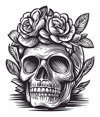 Intricate Engraving of Skull Adorned with Roses and Leaves