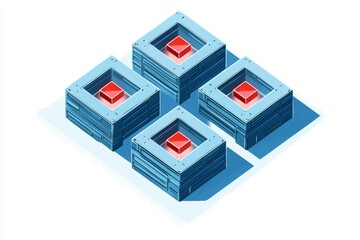 Obraz premium Four interconnected, stylized, square structures. Each contains a central, red cube