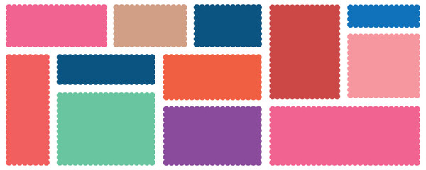 Set of multicolored vertical, rectangular frames with scallop edges set. Silhouette rectangular text boxes with curved borders and Decorative elements for Stickers, Posters, Chevron, Labels. Vector