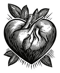 Detailed Engraving of a Heart Surrounded by Leaves and Rays