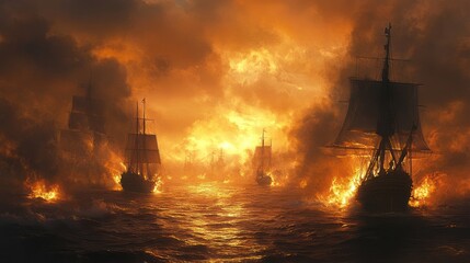 Epic maritime battle scene with sailing ships engulfed in flames and smoke