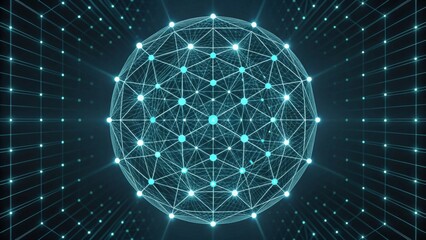 Futuristic neural network structure glowing in a digital grid Digital wireframe globe with interconnected nodes on a dark background.