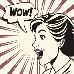 Dramatic Comic Portrait of a Surprised Woman with ‘WOW!’ Speech Bubble