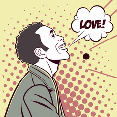 Happy Man with ‘LOVE!’ Speech Bubble in Retro Comic Art