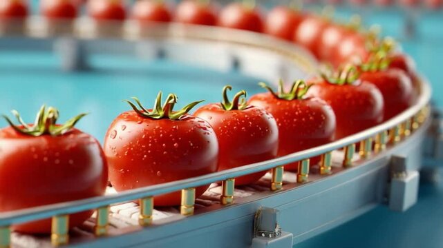 Tomatoes on Conveyor Belt: Juicy red tomatoes glide smoothly along a modern conveyor belt, symbolizing efficiency and freshness in food production.