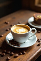 Fototapeta premium Vintage wooden table with beans on a coffee cup espresso in warm light , vintage, cup