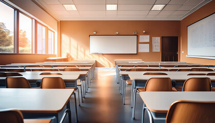 empty student desks arranged in a semi circle blurred background of classroom posters and a whiteboard warm tones inviting atmosphere