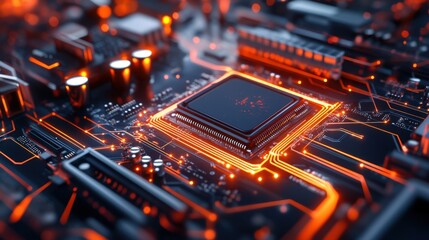 Obraz premium A cinematic close-up of a powerful workstation PC with internal components softly illuminated by dynamic LED lighting