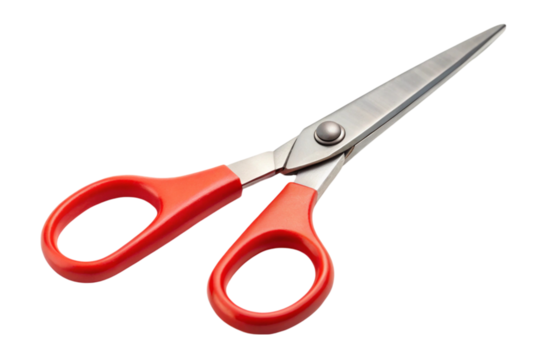 Modern household scissors featuring ergonomic red plastic handles and steel blades