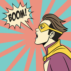 Superhero Portrait with ‘BOOM!’ Speech Bubble in Comic Style