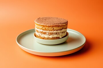 A delightful little tiramisu cake on a mint green plate.