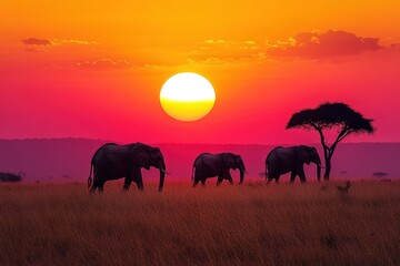 Fototapeta premium Elephants walking across the savanna at sunset in a vibrant African landscape