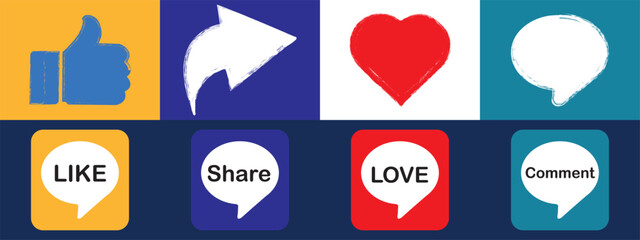 Set of social media banner. Hand drawn grunge style, four Social Media Symbols, Like, comment, share, and heart shape. Vector illustration