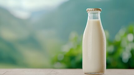 Pasteurized milk pure. A glass bottle of fresh milk stands on a wooden surface, with a blurred green background suggesting a natural, rustic setting.