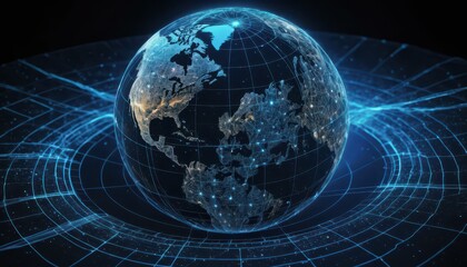 Fototapeta premium Global network visualization earth digital art dark background aerial view connectivity