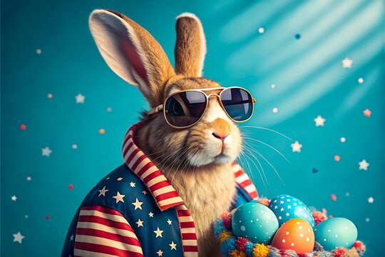 Patriotic easter bunny in striped jacket holding basket of decorated eggs under starlight
