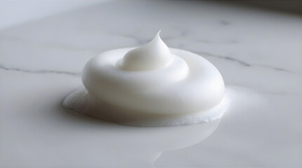 Fototapeta premium Delicate soap bubbles resting on smooth white marble texture - perfect for spa and luxury product visuals