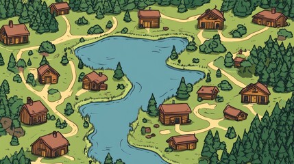 Hand-Drawn Aerial View of Lakeside Cabins Surrounded by Lush Forest Illustration