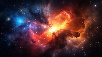 Fototapeta premium A cinematic wide-angle view of a glowing galaxy cluster, with twinkling stars and deep cosmic textures