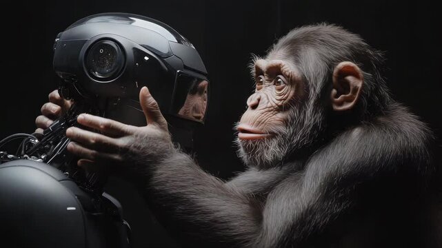 Advanced AI humanoid robot interacting with a chimpanzee, exchanging a symbolic gesture, representing artificial intelligence, evolution, and the connection between technology and nature in a dark fut