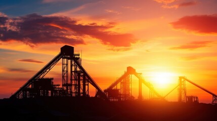 Fototapeta premium A clean and detailed industrial landscape featuring towering mining rigs and conveyor systems, silhouetted against a golden sunset, with copy space