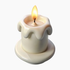 Realistic white candle with flame on ceramic base