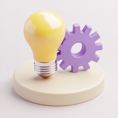 Innovation, idea, and mechanism.  A bright light bulb and a cogwheel sit atop a small platform, symbolizing the synergy of creativity and machinery