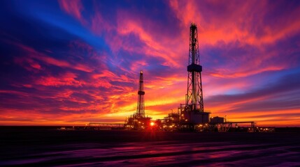 Obraz premium A clean and detailed industrial landscape featuring gas drilling towers and processing units, under a dramatic sunset sky, with copy space