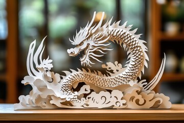 Intricate paper dragon sculpture showcasing traditional craftsmanship in a serene indoor setting