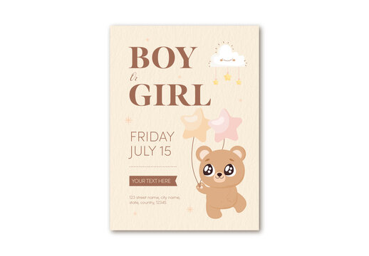 Beige And Brown Cute Bear Baby Shower Invitation Card