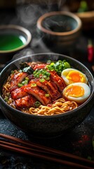 Fototapeta premium Rich tonkotsu ramen with chashu pork and soft-boiled egg in a cozy setting