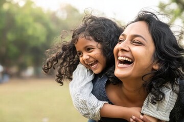 Happy indian mother having fun with her daughter outdoor - Family people and love concept - Focus on mum face