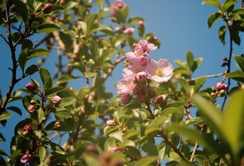 Obraz premium Pink Flowers in Bloom: A vibrant display of pink blossoms bursts forth from a leafy canopy, reaching towards a brilliant blue sky, capturing the essence of springtime awakening.