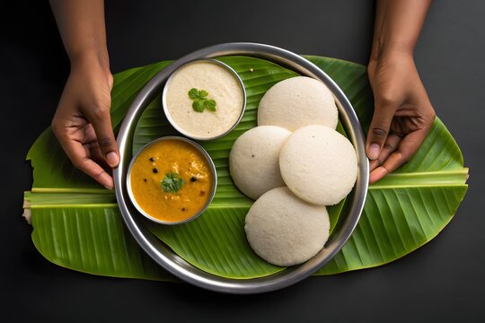 Authentic South Indian breakfast featuring soft steamed idlis served with flavorful sambar and coconut chutney in a stainless steel plate placed on a fresh banana leaf. 