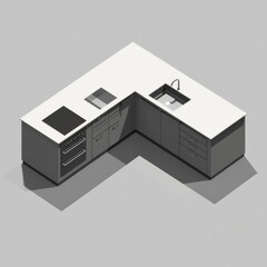 Modern L-shaped kitchen design.  A minimalist, gray and white, isometric view of a corner kitchen featuring a smooth countertop, cabinets, sink, and stove top