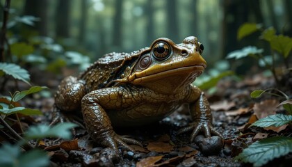 Obraz premium Giant Toad in Misty Forest Undergrowth