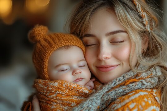 Mother and baby share a cozy moment in warm knitted outfits during fall morning indoors