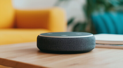 Smart Home Device on Wooden Table Modern Living Room Interior Voice Assistant Technology