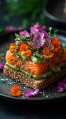 Salmon fillet on toast with avocado spread and edible flowers, served on a dark plate with sea salt and chopped herbs.