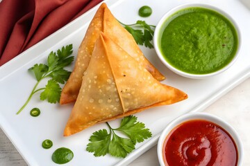 Crispy golden samosas served on a plate with spicy green chili chutney and tangy red sauce, a classic Indian street food and tea-time favorite.

