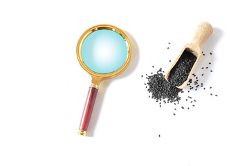 Black sesame seeds in wooden scoop with magnifier on white background.
