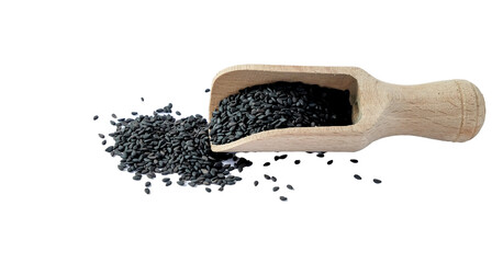 Black sesame seeds with wooden scoop on white background.