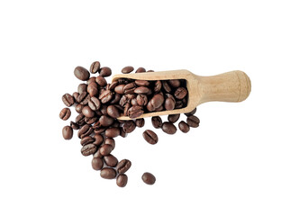 Obraz premium Coffee beans with wooden scoop on white background.