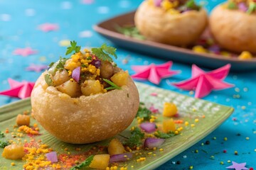 pani puri filled with aaloo masala served in a tray , selective focus
















































































